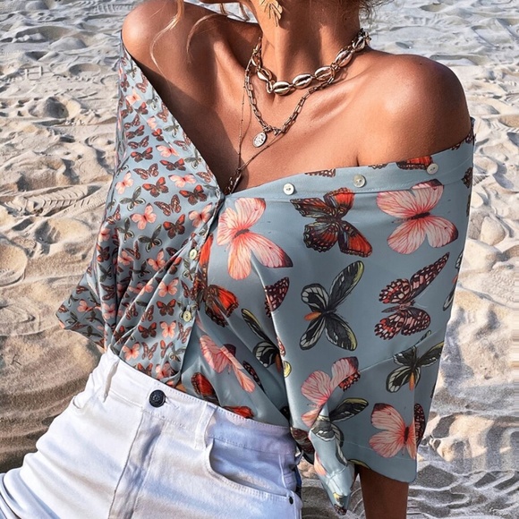 BellanBlue Tops - Boho Dusty Blue Butterfly Print Button up Oversized Top